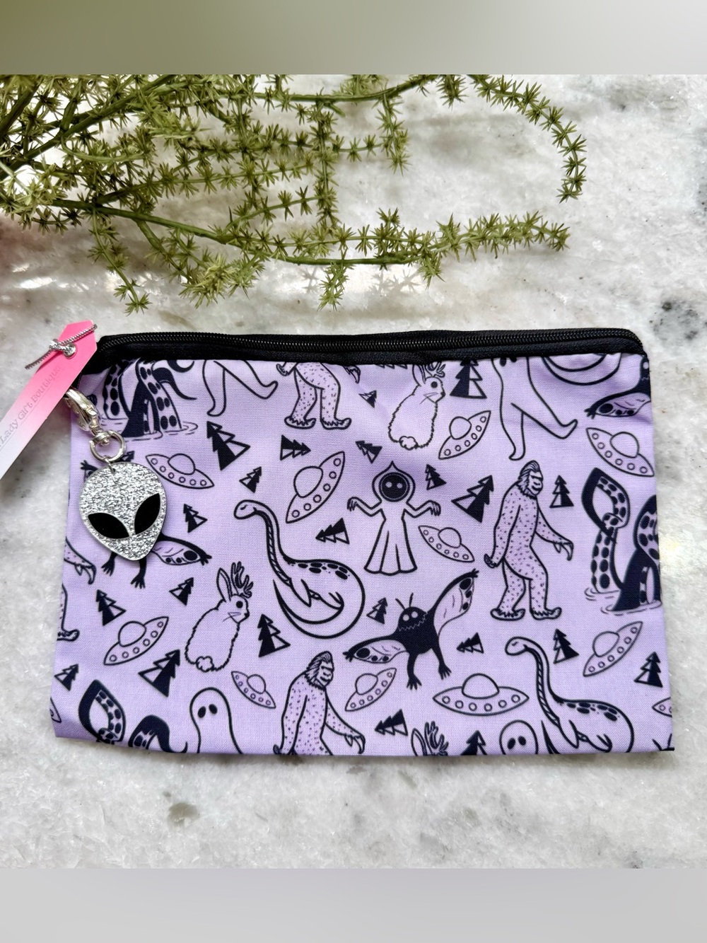 New Purple Mysterious Cryptid Creature Zippered Makeup Pencil Bag w/ Alien Charm